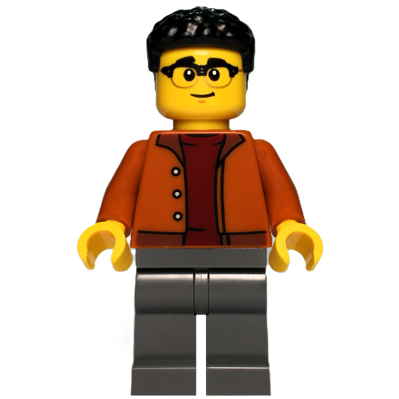 Lego Man, Dark Orange Torso, Dark Bluiosh Gray Legs, Black Hair