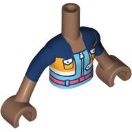 Lego Minidoll Torso Girl with Medium Brown Arms and Hands with Dark Blue/Bright Light Orange Jacket, Bright Light Blue Dress, Coral Belt, Zipper print / Medium Brown