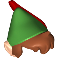 Lego Hair and Hat with Pointed Ears, Dark Orange Messy Hair, Green Pointed Hat with Red Feather Print (Peter Pan) / Light Nougat