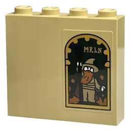 Brick 1 x 4 x 3 with Picture of Wizard with Dark Orange Beard, Black Staff and 'MRLN' in Gold Frame Pattern (Sticker) - Set 40577