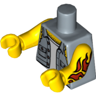 Lego Torso Shirt with Ripped Off Sleeves, Buttons on Pockets, Jolly Roger Back Print, Yellow Arms and Hands with Red Fire Tattoo Print on Left Arm / Sand Blue