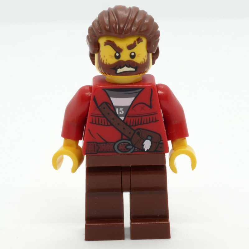 Lego Criminal, Red Jacket over Prison Shirt, Reddish Brown Hair, Beard