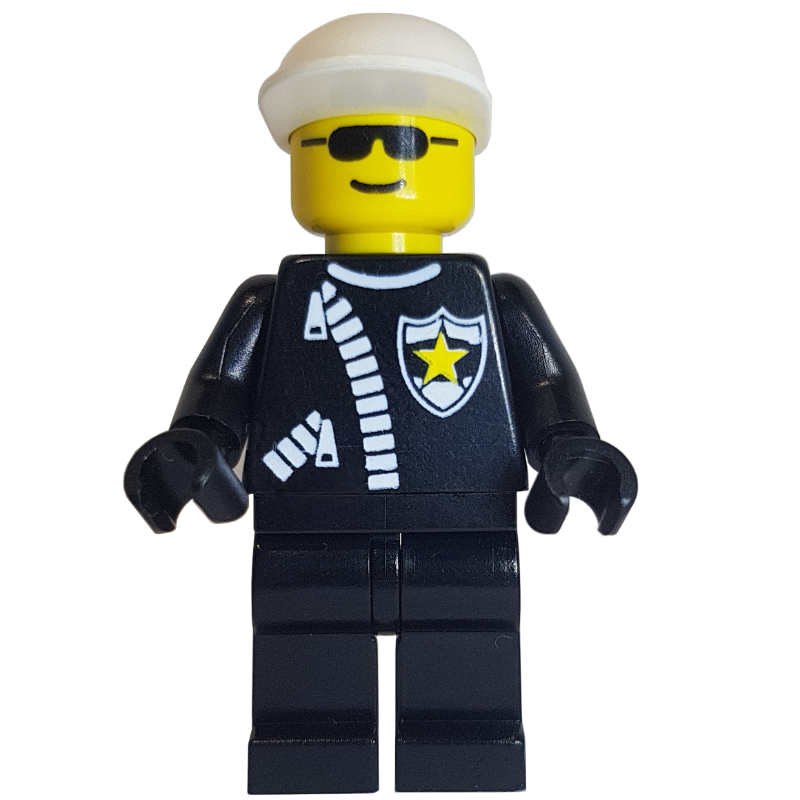Lego Policeman, Black Jacket with Zipper and Badge, White Cap, Sunglasses