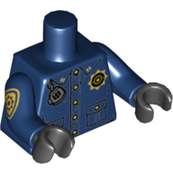 Lego Torso Police Uniform, Gold Buttons and Badge, Radio Over Shoulder and 'GCPD' on Back Print, Dark Blue Arms with Gold Badge Right, Black Hands / Dark Blue