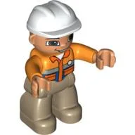 Duplo Figure with Construction Helmet White, and Orange Long Sleeve Jacket, Dark Tan Legs / Orange