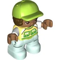 Duplo Figure Child with Hair and Cap Lime, Light Aqua Legs, Bright Light Yellow Shirt Print / Bright Light Yellow