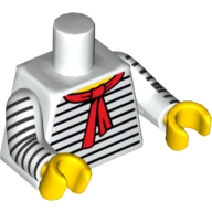 Lego Torso Black Thin Stripes, Red Scarf Front and Back Print, White Arms with Black Thin Stripes Print, Yellow Hands / White