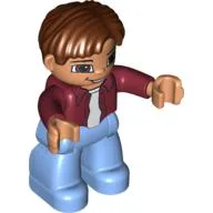 Duplo Figure Side Parted Hair Reddish Brown, with Medium Blue Legs, Dark Red Open Shirt, Brown Eyes Nougat Face and Hands / Dark Red