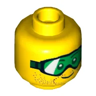 Minifig Head, Green Goggles and Brown Stubble Print / Yellow