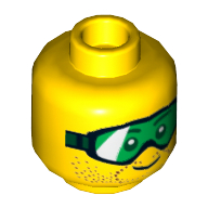 Lego Minifig Head, Green Goggles and Brown Stubble Print / Yellow