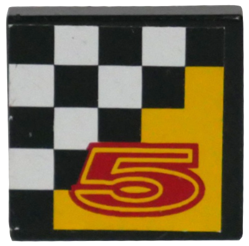 Lego Tile 2 x 2 with Red Number 5 on Yellow and Checkered Background Pattern (Sticker) - Set 8225