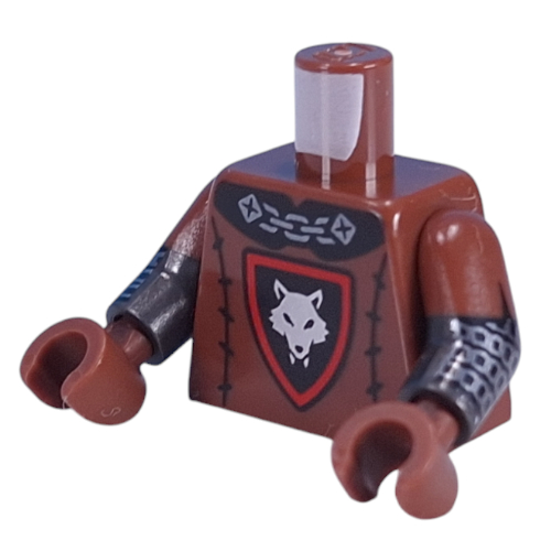 Lego Torso, Dual Molded Arms, Wolfpack Symbol, Black belt, Silver Chainmail print with Reddish Brown Sleeves Pattern, Pearl Titanium Arms, Reddish Brown Hands / Reddish Brown