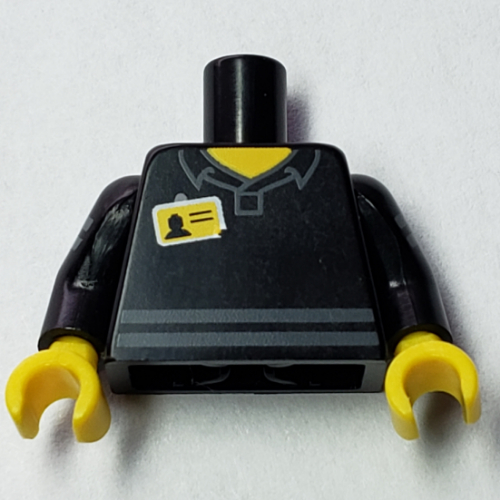 Lego Torso Shirt with Light Bluish Gray Stripes and Staff Namebadge Print, Black Arms with Light Bluish Gray Stripes Print, Yellow Hands / Black