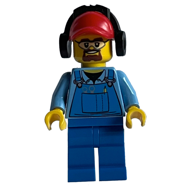 Lego Ground Crew, Blue Overalls over Shirt, Red Cap with Ear Defenders, Safety Glasses and Goatee Beard