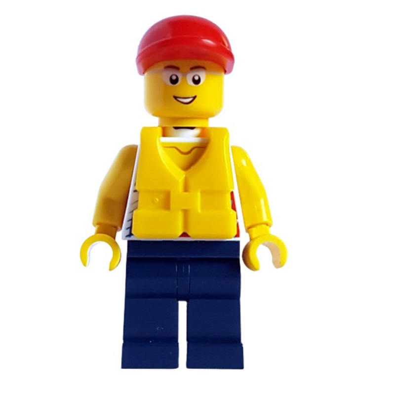 Lego Man, White Vest Top, Dark Blue Legs, Red Cap, Yellow Life Vest, Glasses