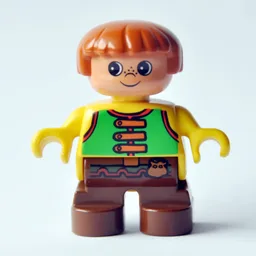 Duplo Figure, Early Child, with Straight Hair Fabuland Brown, Brown Legs, Green Vest Print / Yellow