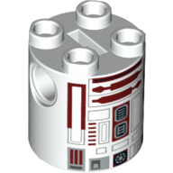 Lego Brick Round 2 x 2 x 2 Robot Body, Axle Holder '+' Orientation with Gray and Dark Red Astromech Droid Print (R4-P17) / White