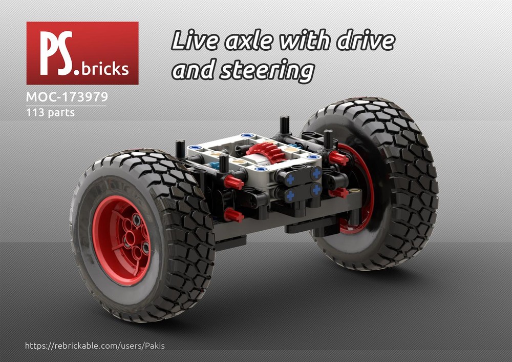 Lego Solid axle with drive and steering (13L wide + tyres)