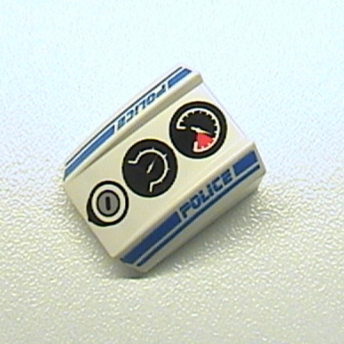Lego Brick Curved 2 x 2 with Lip, No Studs with Gauges and Police Blue Line Print / White