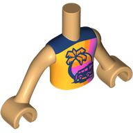 Lego Minidoll Torso Boy with Bright Light Orange Shirt, Dark Blue Palm Tree, Van, Sunset print, Warm Tan Arms and Hands / Warm Tan