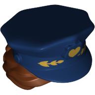 Lego Hair and Hat, Bun, Police with Dark Blue Top with Gold Heart and Reddish Brown Hair Print / Reddish Brown