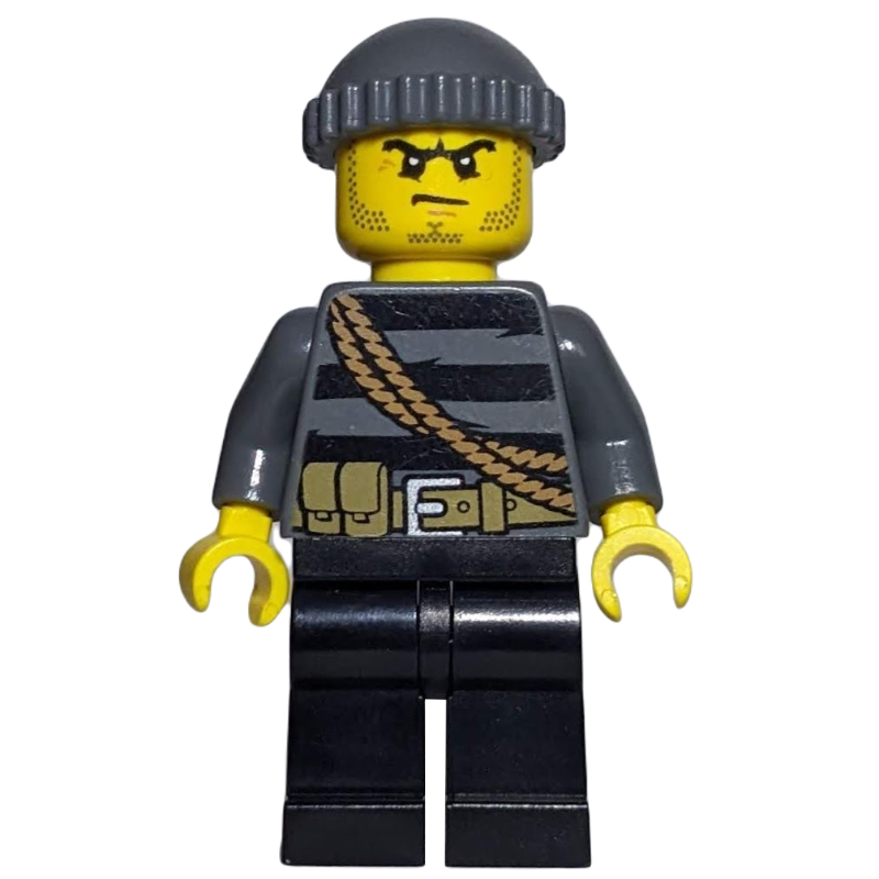 Lego Criminal, Black Striped Top with Rope, Dark Bluish Gray Hat, Stubble