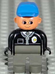 Duplo Figure, Male Police, Dark Gray Legs, Black Top with Zipper, Tie and Badge, Blue Cap
