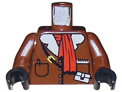Lego Torso Jacket with Buttons, Pockets, and White Fur Collar, Black Strap with Pouch and Yellow Buckle, Red Scarf, Pen, Notepad Pattern / Brown Arms / Black Hands