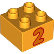 Lego Duplo Brick 2 x 2 with '2' Print / Bright Light Orange