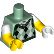 Lego Torso, Odd Dual Molded Arms, Argyle Sweater Vest White and Dark Green Print, Yellow Arms, Left White Hand, Right Yellow Hand / Sand Green