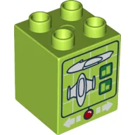Duplo Brick 2 x 2 x 2 with Computer Screen with Spaceship and White Arrows and Red Button Print / Lime
