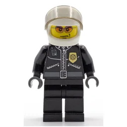 Policeman, Black Jacket with Zipper, Radio, and Badge, White Helmet and Visor, Orange Sunglasses
