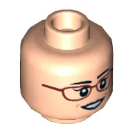 Minifig Head Amy Fowler, Dual Sided, Dark Red Glasses, Brown Eyebrows, Open Smile / Slight Smile [Hollow Stud]' / Light Nougat