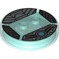 Function Brick Round 4 x 4 x 2/3 with 2 Studs and Silver Armor with Scales and Blue Circle Print / Trans-Light Blue
