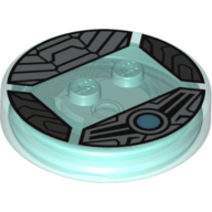 Lego Function Brick Round 4 x 4 x 2/3 with 2 Studs and Silver Armor with Scales and Blue Circle print / Trans-Light Blue