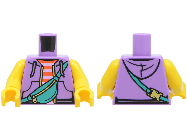 Lego Torso Hoodie Open with Drawstrings, Pockets and Gold Zipper, Reddish Orange and Bright Pink Striped Shirt, Dark Turquoise Shoulder Bag Pattern / Yellow Arms / Yellow Hands (BAM)