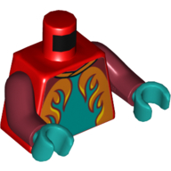 Lego Torso Race Jacket, Dark Turquoise, Orange, and Yellow Flames Print, Dark Red Arms, Dark Turquoise Hands / Red