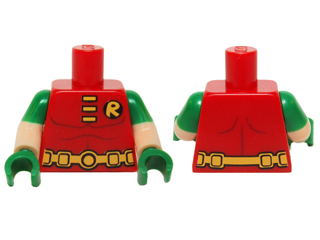 Lego Torso Batman 'R' Symbol, Muscles Outline, 3 Yellow Clasps and Utility Belt Pattern / Light Nougat Arms with Molded Green Short Sleeves Pattern / Green Hands