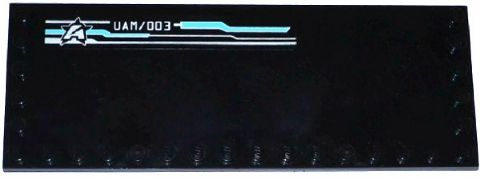 Lego Tile, Modified 6 x 16 with Studs on Edges with Silver and Medium Azure Lines Pattern, 'UAM/003' and Ultra Agents Logo Pattern Model Right Side (Sticker) - Set 70173