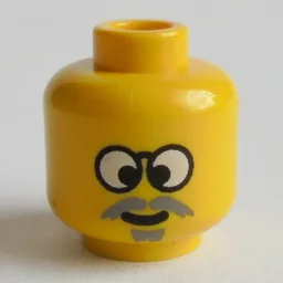 Minifig Head Time Cruisers Dr Cyber, Glasses with Gray Moustache, Crosseyed Print [Blocked Open Stud] / Yellow