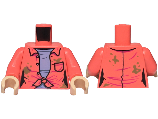 Lego Torso Female Open Shirt Tied with Buttons and Pocket over Bright Light Blue Shirt, Dark Tan Dirt Spots Pattern / Coral Arms / Light Nougat Hands