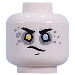 Minifig Head Dooper, Yellow Left, Bright Light Blue Right Eye, Light Bluish Grey Eyeshadow, Spots, Yellow Teeth Smile/Lopsided Smirk / White