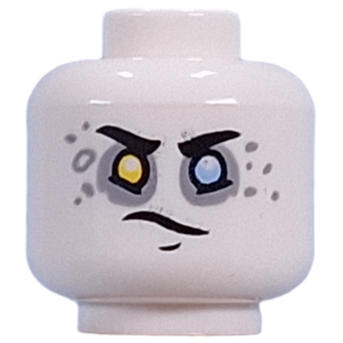 Lego Minifig Head Dooper, Yellow Left, Bright Light Blue Right Eye, Light Bluish Grey Eyeshadow, Spots, Yellow Teeth Smile/Lopsided Smirk / White