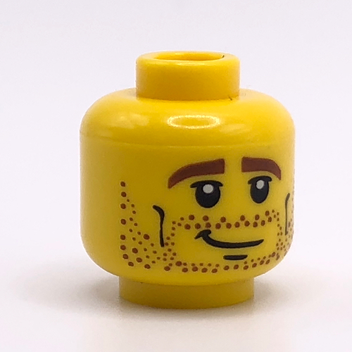 Lego Minifig Head, Brown Stubble, Brown Eyebrows, Crooked Smile and Cheek Lines Print / Yellow