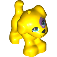 Lego Animal, Dog, Small Standing with Dark Turquoise Eyes, Black Nose and Mouth, Medium Lavender Spot Print / Yellow