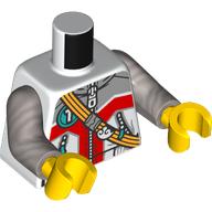 Lego Torso, Jacket, Zipper, Light Bluish Grey/Red Shapes, Dark Turquoise Circle with White '1', Yellow Strap print, Flat Silver Arms, Yellow Hands / White