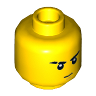 Lego Minifig Head Jay, Stern Eyebrows, Scar on Right Eyebrow, White Pupils, Brown Chin Dimple Print / Yellow