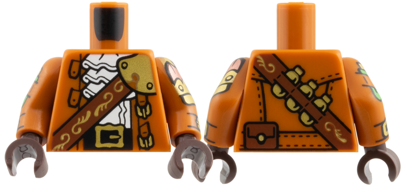 Lego Torso Coat Open, White Ruffled Shirt, Reddish Brown Strap, Gold Filigree, Armor, Black Belt with Buckle Pattern / Dark Orange Arms with Buckles, Vials, Armor with Bat Pattern / Dark Brown Hands