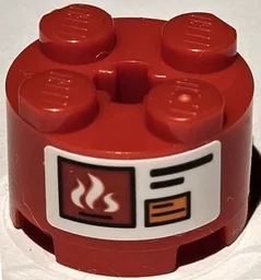 Brick, Round 2 x 2 with Axle Hole with Warning Sign with White Flames, Black Lines and Orange Rectangle Pattern (Sticker) - Set 42111