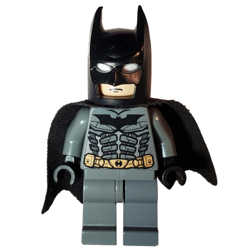 Lego Batman, Dark Bluish Gray Suit, Black Cape and Cowl, Light Nougat Head, Dark Bluish Gray Hips